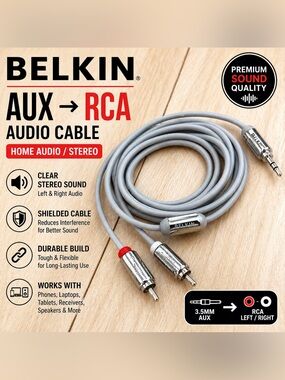 Belkin 3.5mm to RCA Audio Cable Premium AUX Stereo Adapter Red White Home Audio
